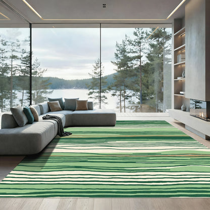 Green And Cream Wavy Stripe Rug
