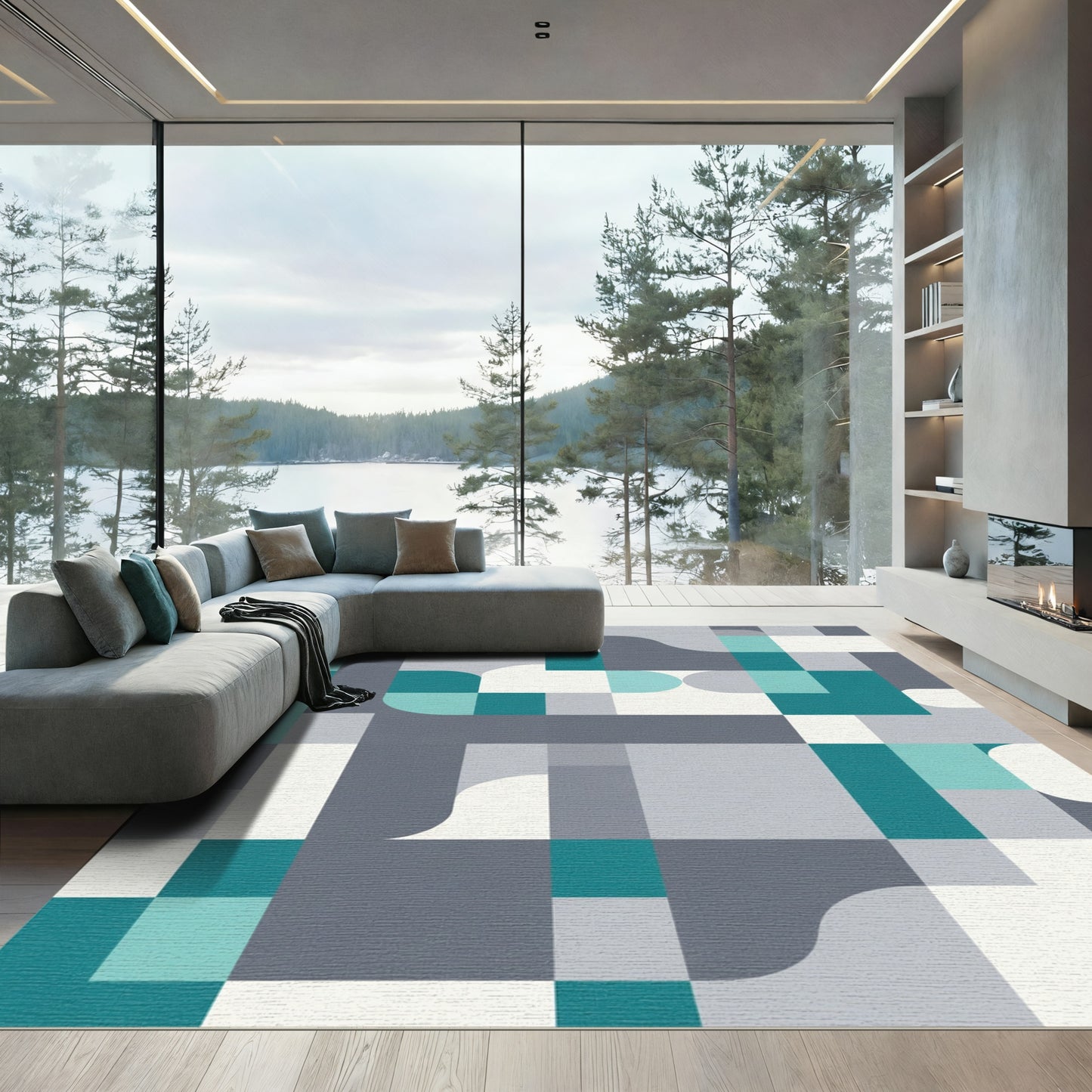 Geometric Teal Gray Abstract Shapes Rug
