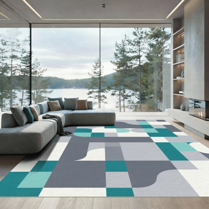 Geometric Teal Gray Abstract Shapes Rug