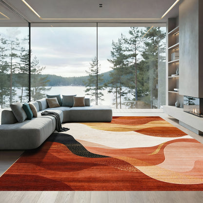 Terracotta Gold Abstract Wave Rug