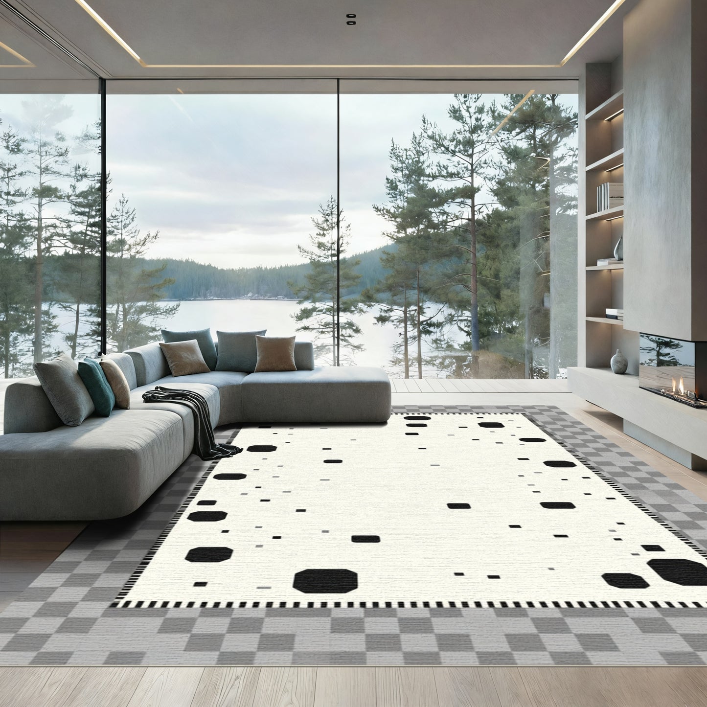 Cream Black Spotted Geometric Layout Rug