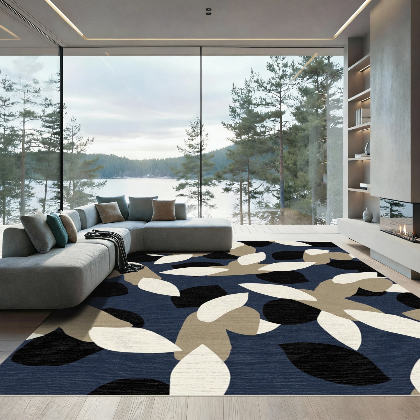Navy Abstract Cutout Leaf Cluster Rug