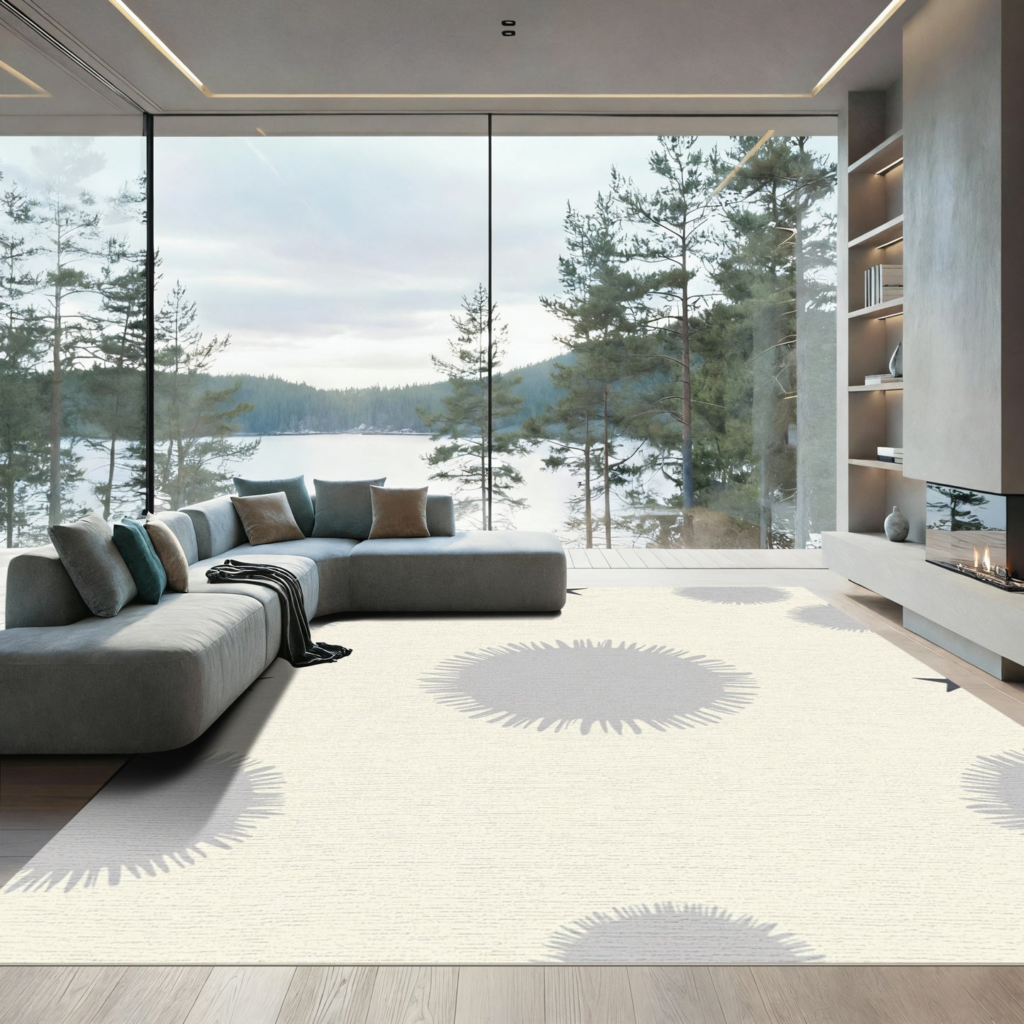 Cream Gray Sunburst Star Rug