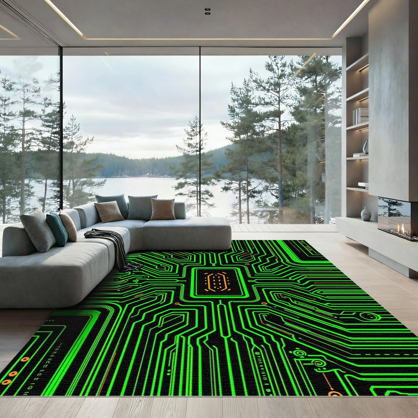 Circuit Board Neon Lines Rug