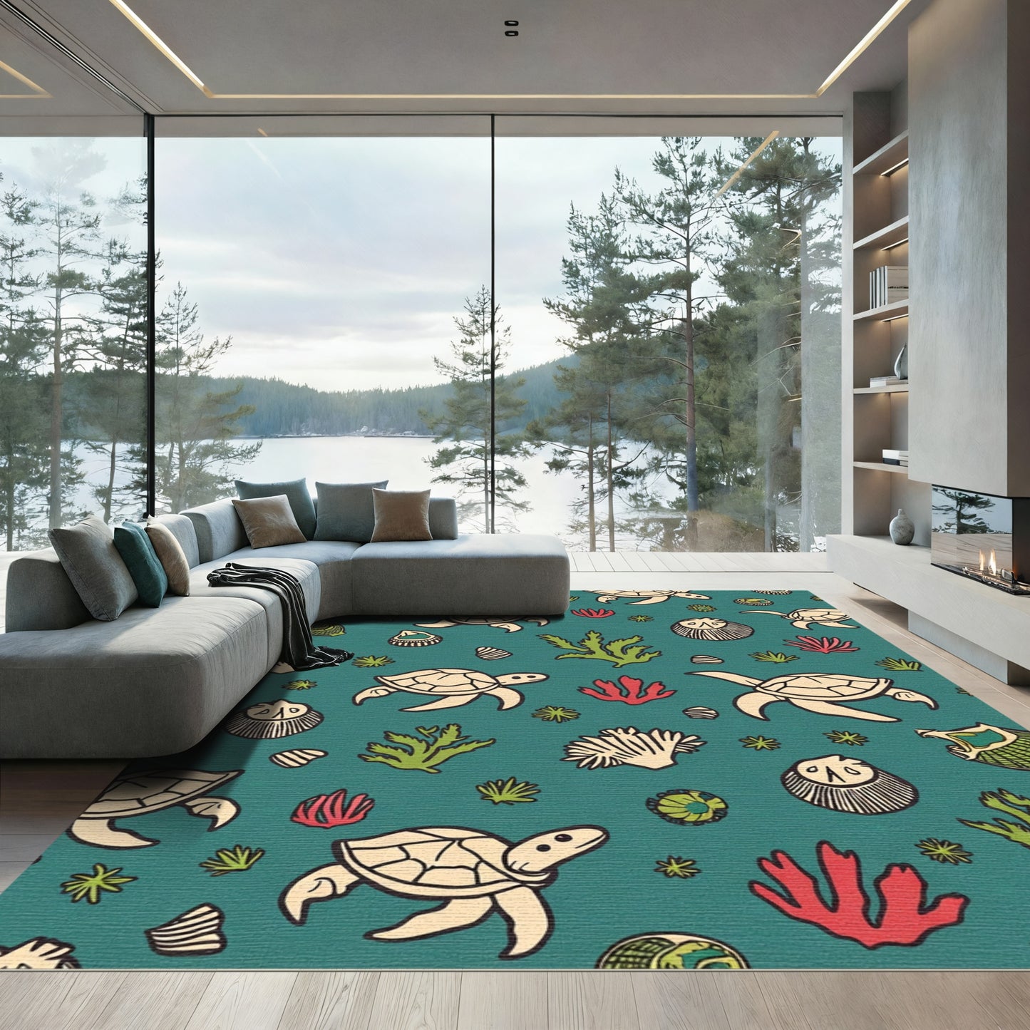 Coastal Turtle Coral Reef Scene Rug