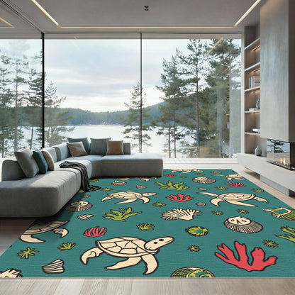 Coastal Turtle Coral Reef Scene Rug