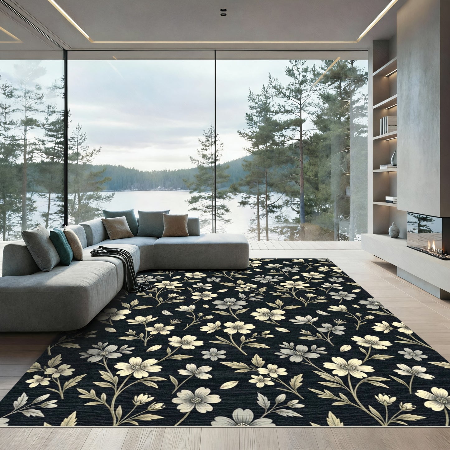 Black Cream Floral Botanical Sprigs Rug