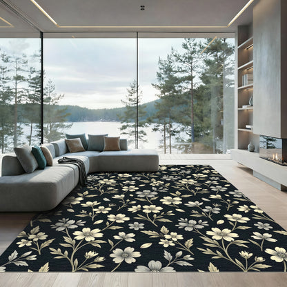 Black Cream Floral Botanical Sprigs Rug