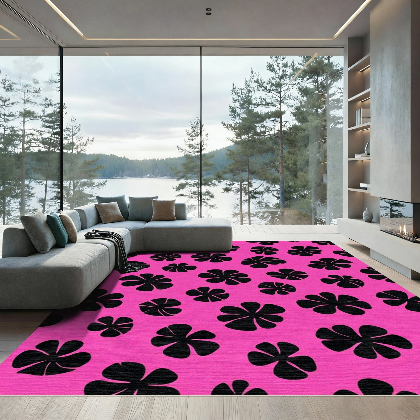 Bold Black Floral Pink Background Rug