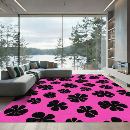 Bold Black Floral Pink Background Rug