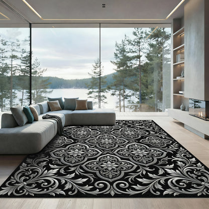 Ornate Silver Floral Scrollwork Rug