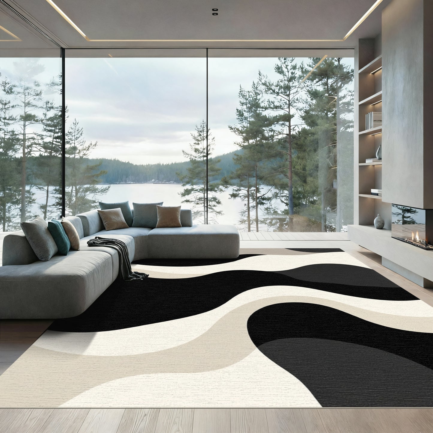 Monochromatic Abstract Wavy Flow Art Rug