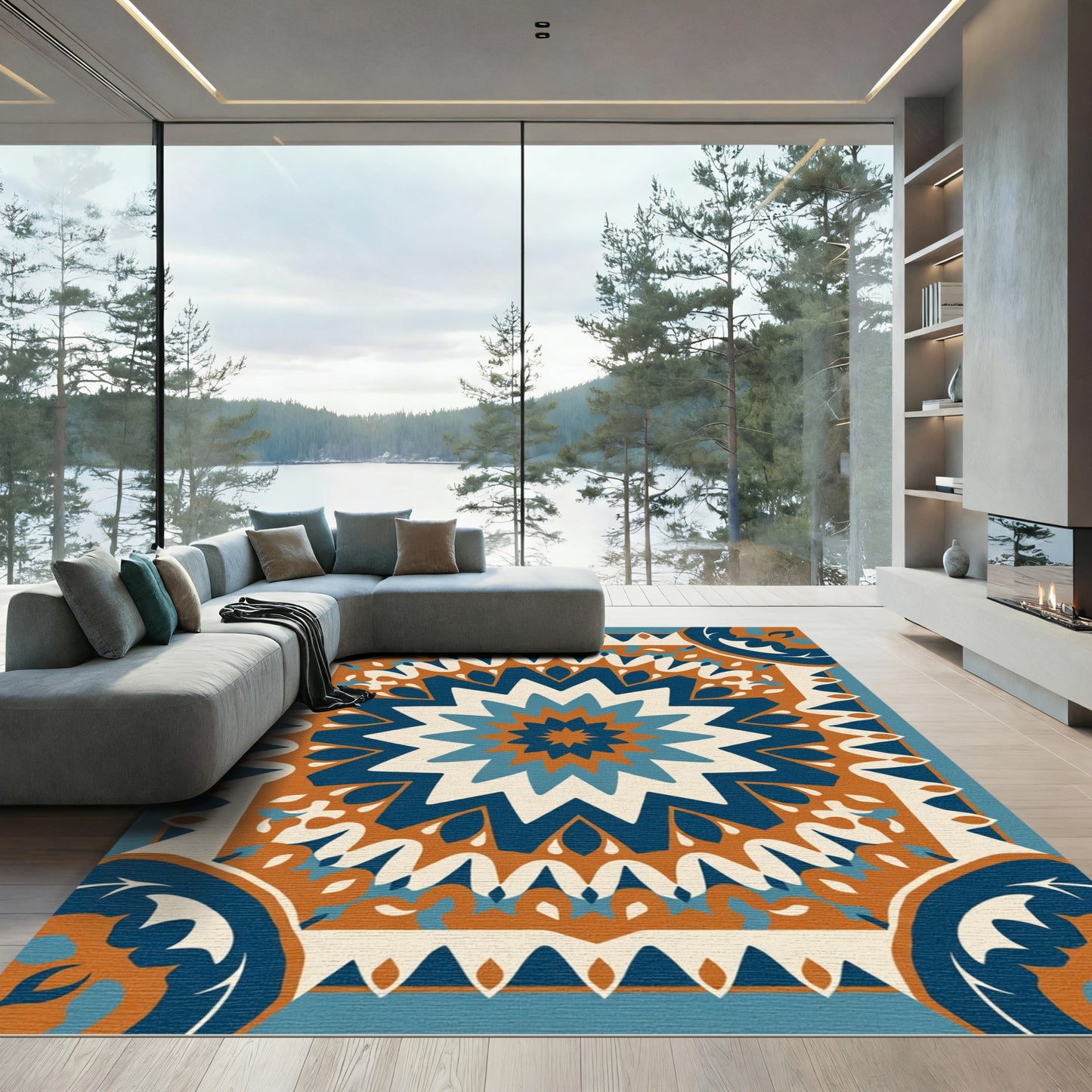 Terracotta Blue White Starburst Mandala Rug
