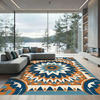 Terracotta Blue White Starburst Mandala Rug