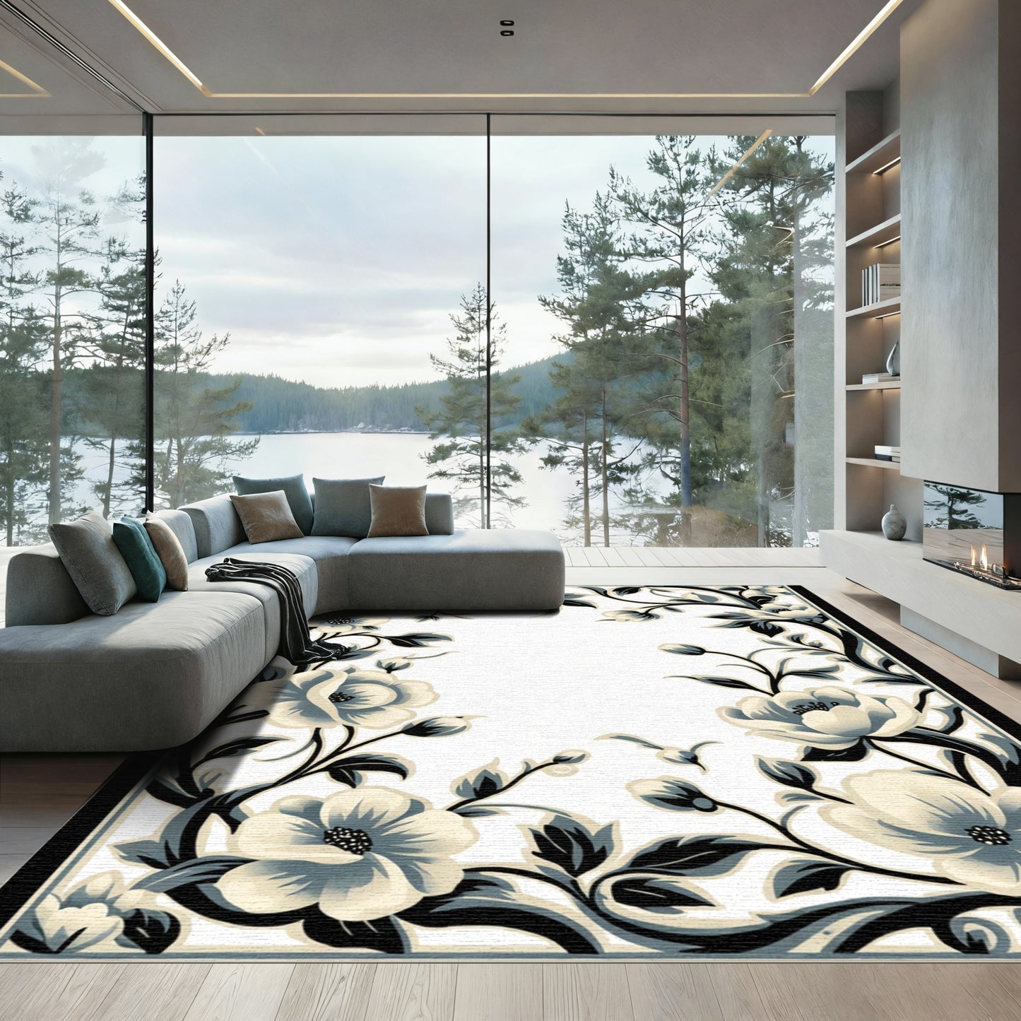 Classic Cream Black Floral Vine Rug
