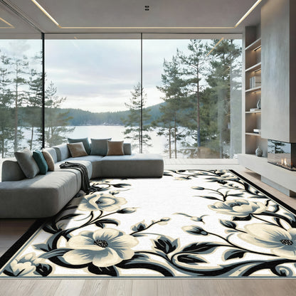 Classic Cream Black Floral Vine Rug