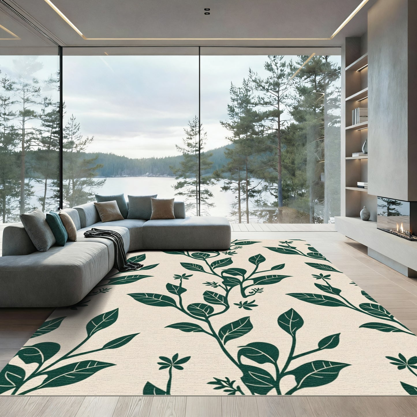Deep Green Botanical Branch Cream Rug
