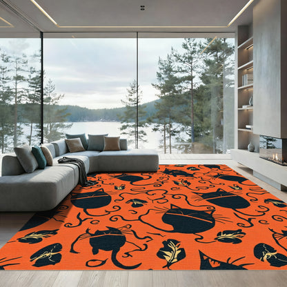 Spooky Black Cats Orange Swirls Rug