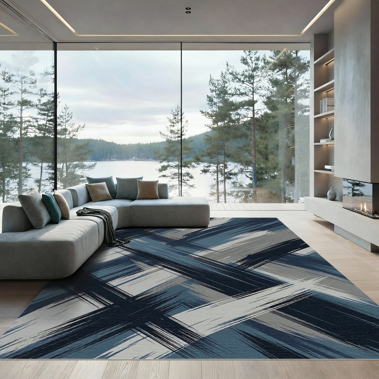 Abstract Blue Gray Brush Strokes Rug