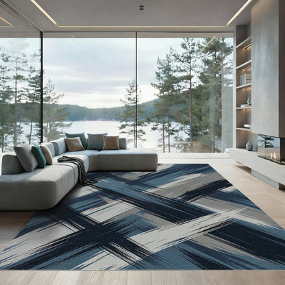 Abstract Blue Gray Brush Strokes Rug