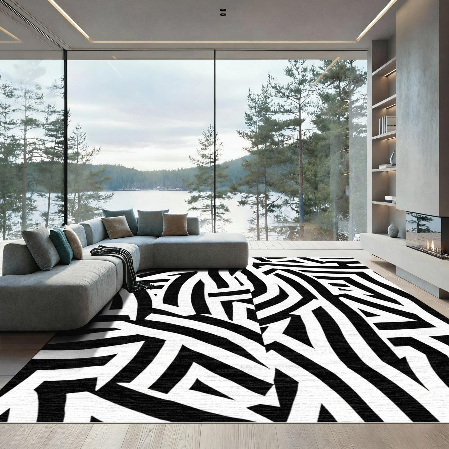 Bold Black White Stripped Intersected Abstract Rug