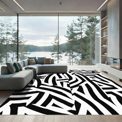 Bold Black White Stripped Intersected Abstract Rug
