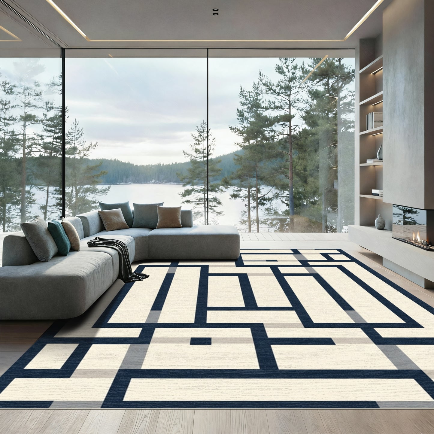 Naval Blue Geometric Labyrinth Rectangles Rug