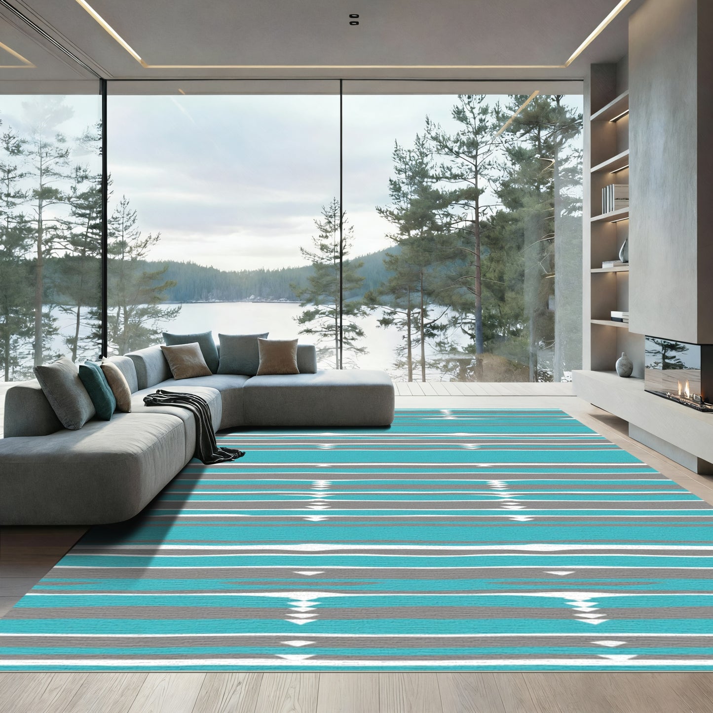 Modern Teal Gray Stripe Diamond Rug
