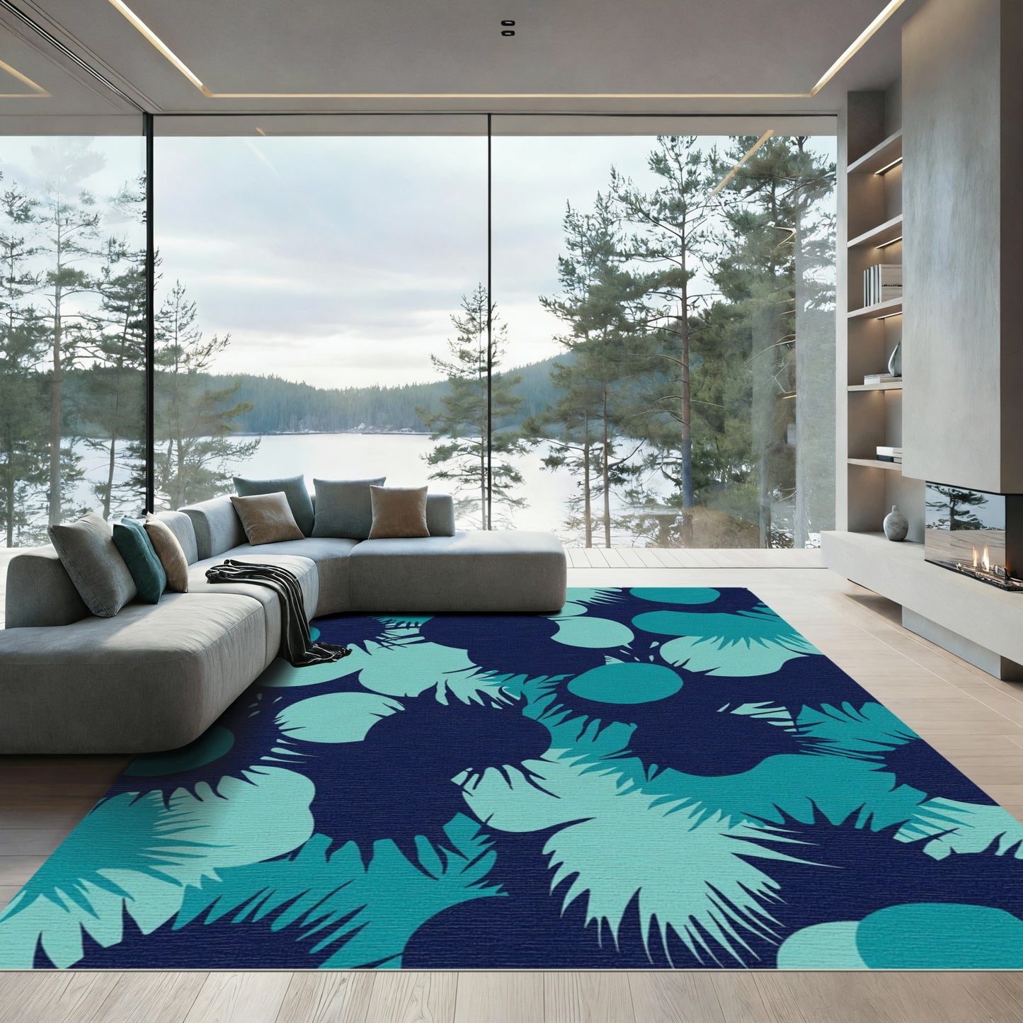Deep Teal Abstract Floral Burst Rug