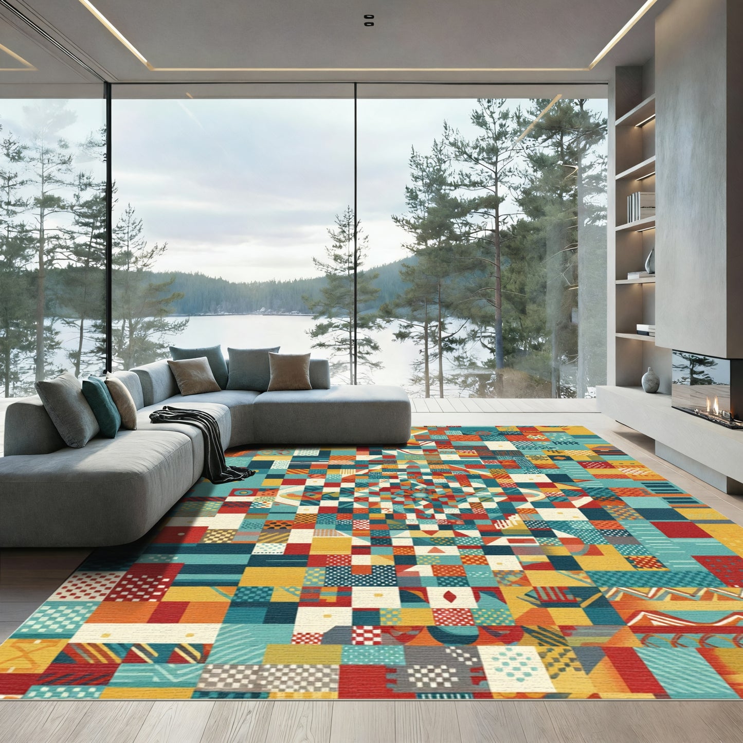 Color Block Geometric Mosaic Rug