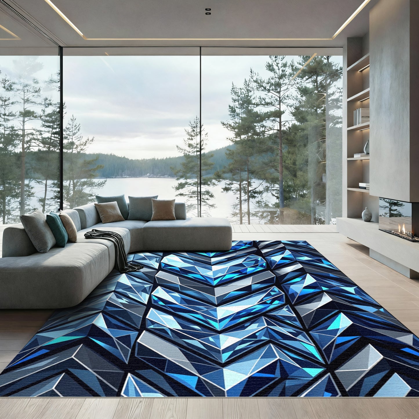 Deep Blue Crystal Geometric Chevron Rug