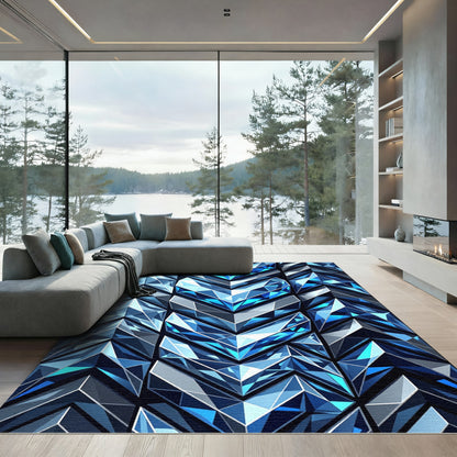 Deep Blue Crystal Geometric Chevron Rug