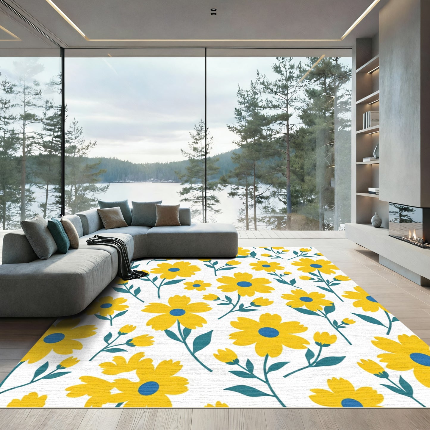 Whimsical Yellow Daisy Blue Center Rug