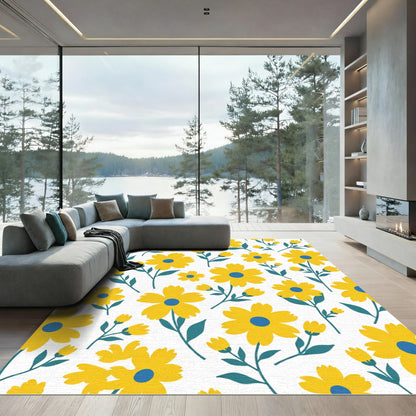 Whimsical Yellow Daisy Blue Center Rug