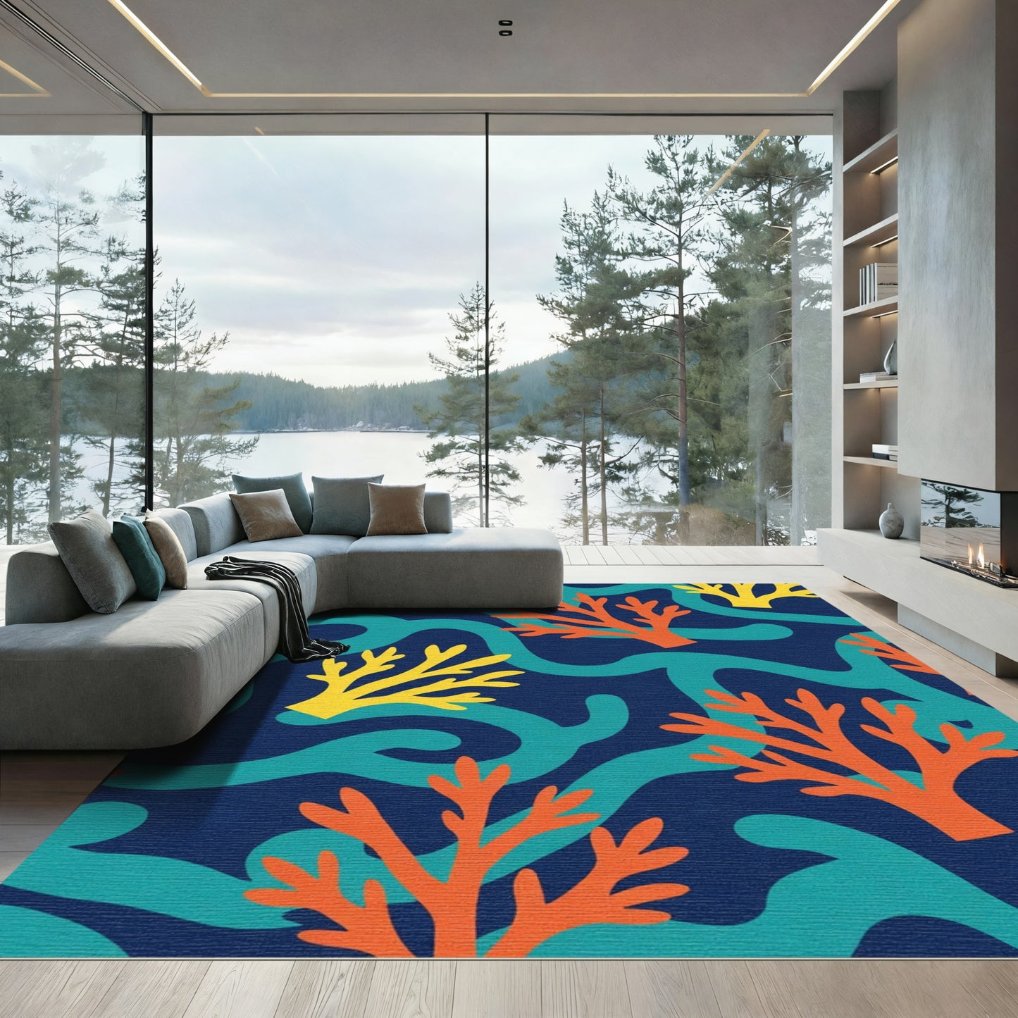 Oceanic Coral Branch Waves Rug