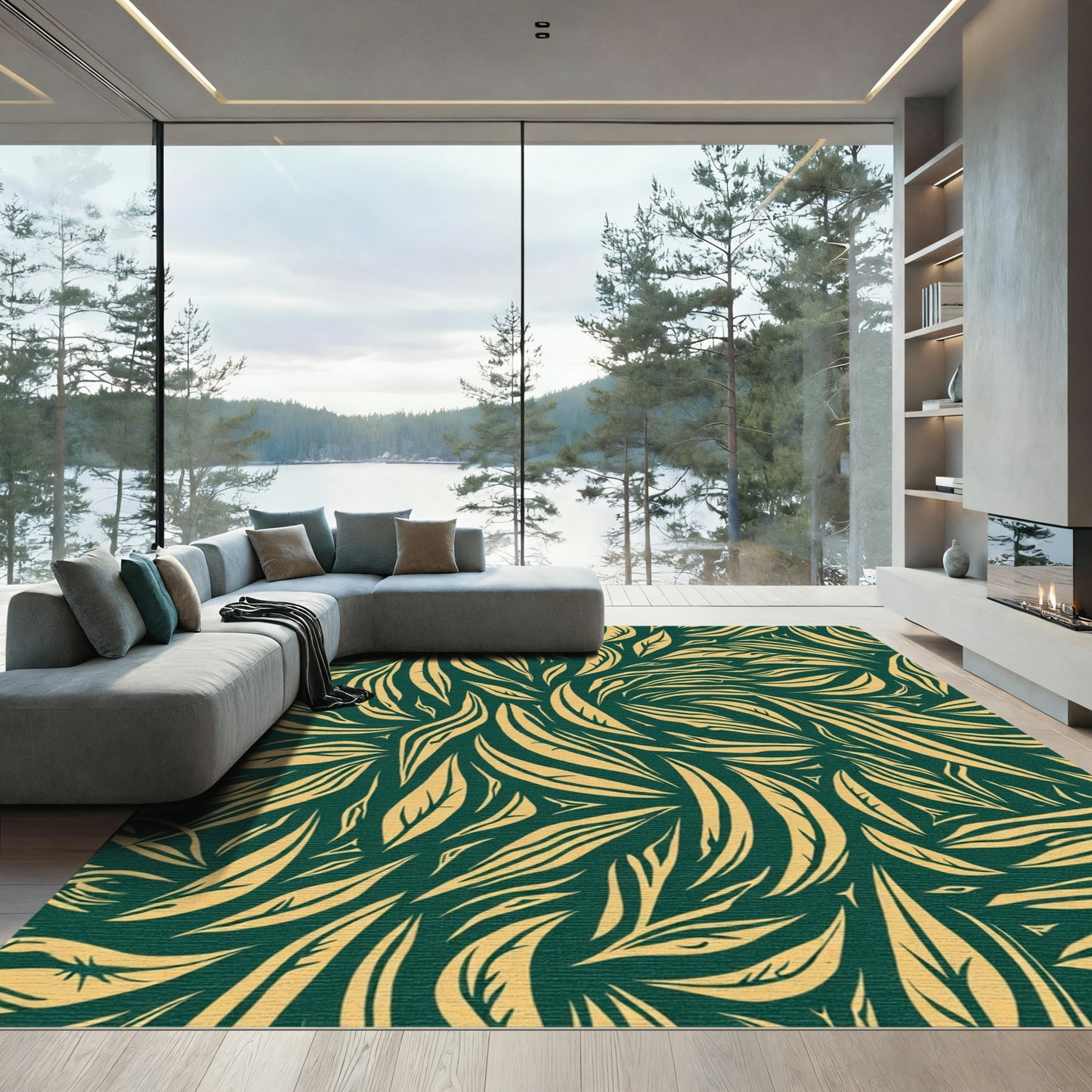 Deep Teal Golden Swirling Leaf Rug