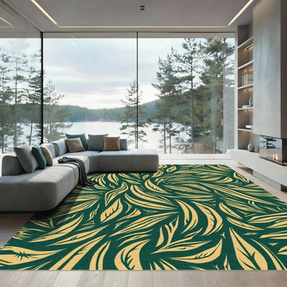 Deep Teal Golden Swirling Leaf Rug