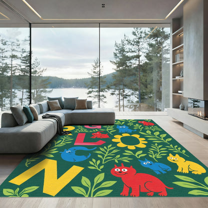 Playful Animals Foliage Letters Rug