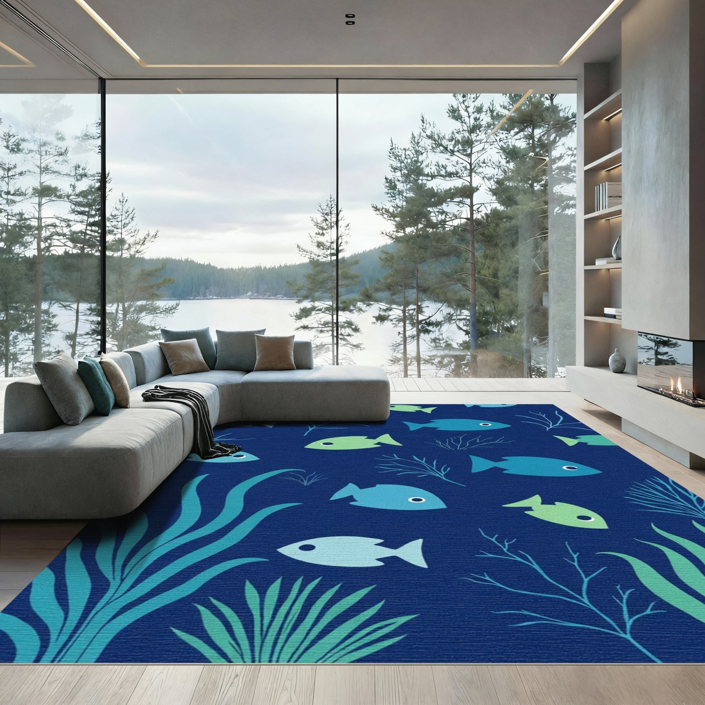 Aqua Blue Fish Coral Reef Rug