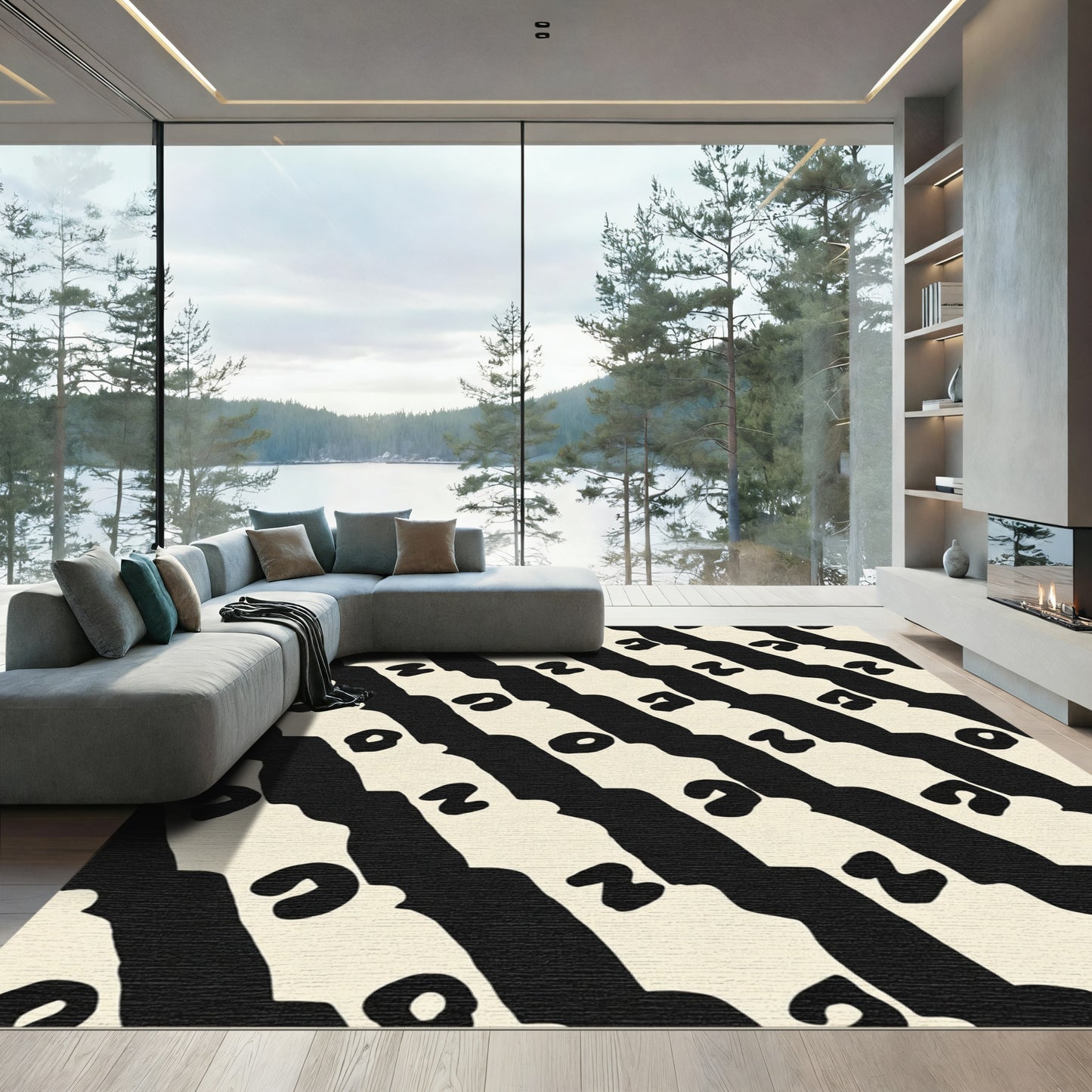 Cream Black Organic Striped Abstract Rug