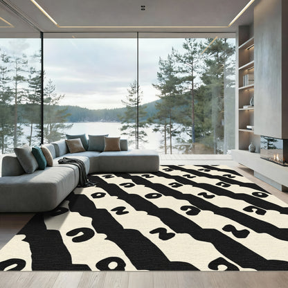 Cream Black Organic Striped Abstract Rug