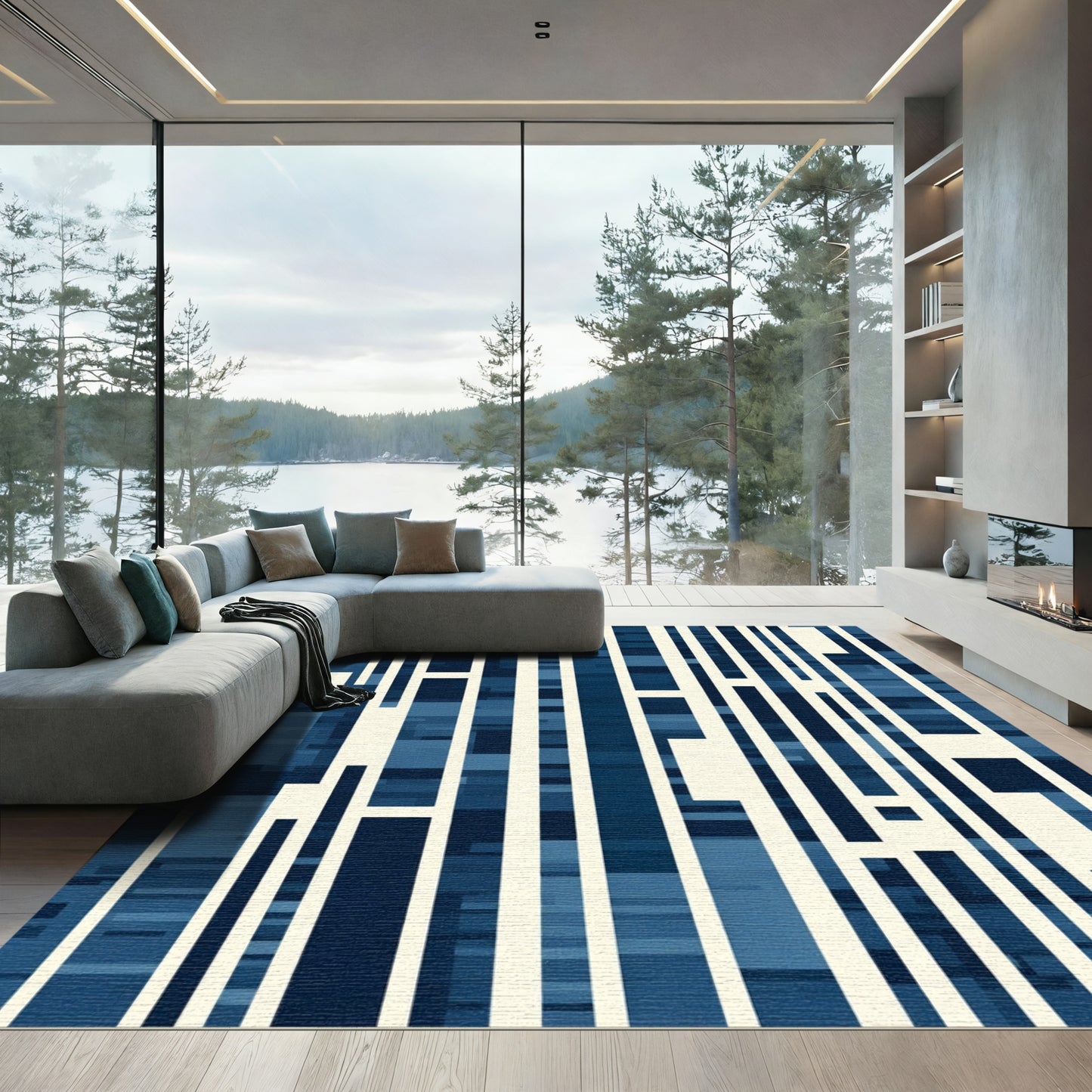 Abstract Navy And Cream Rectangles Rug