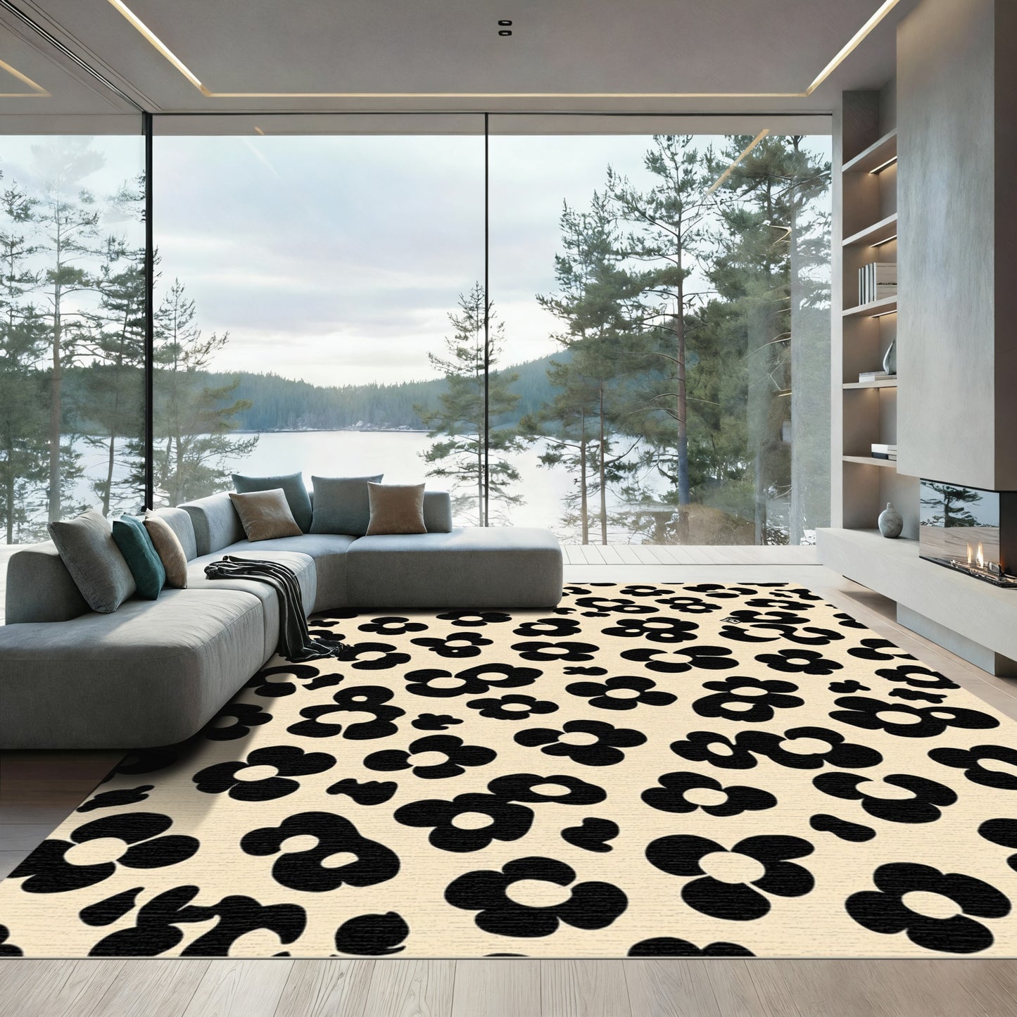 Chic Black Floral Cream Background Rug