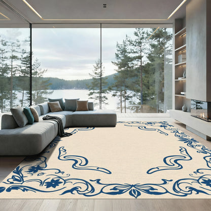 Deep Blue Floral Vine Border Rug