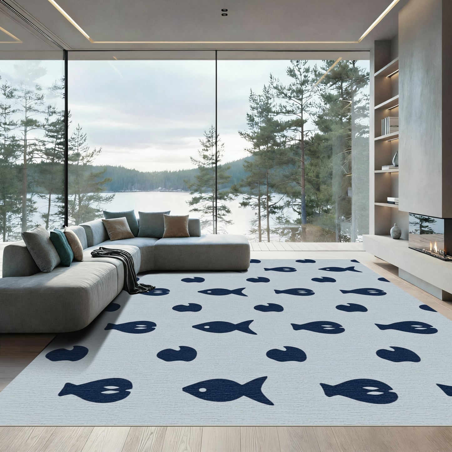 Navy Fish Midcentury Modern Aquatic Rug
