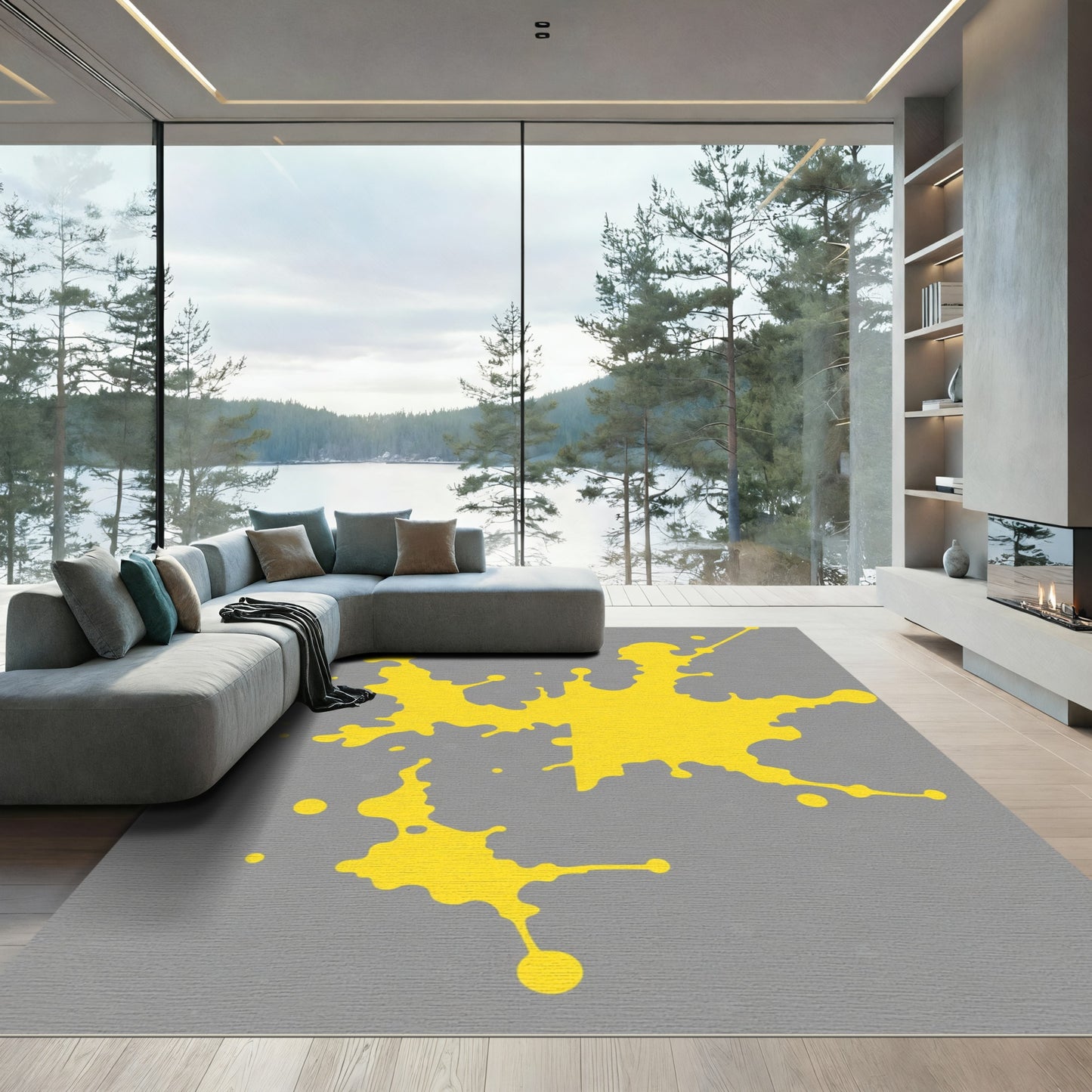 Yellow Splatter Abstract Gray Rug
