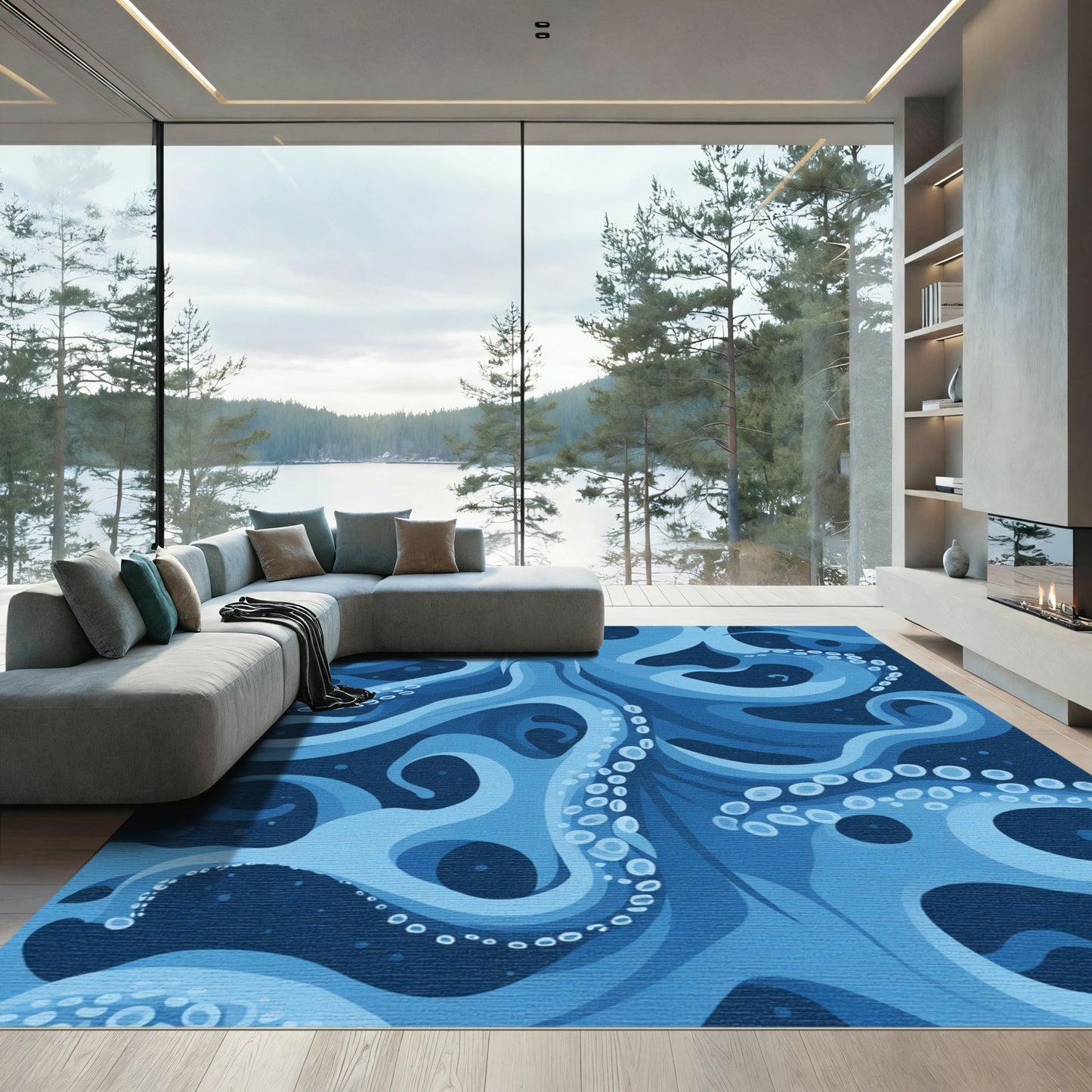 Deep Blue Abstract Octopus Tentacles Rug