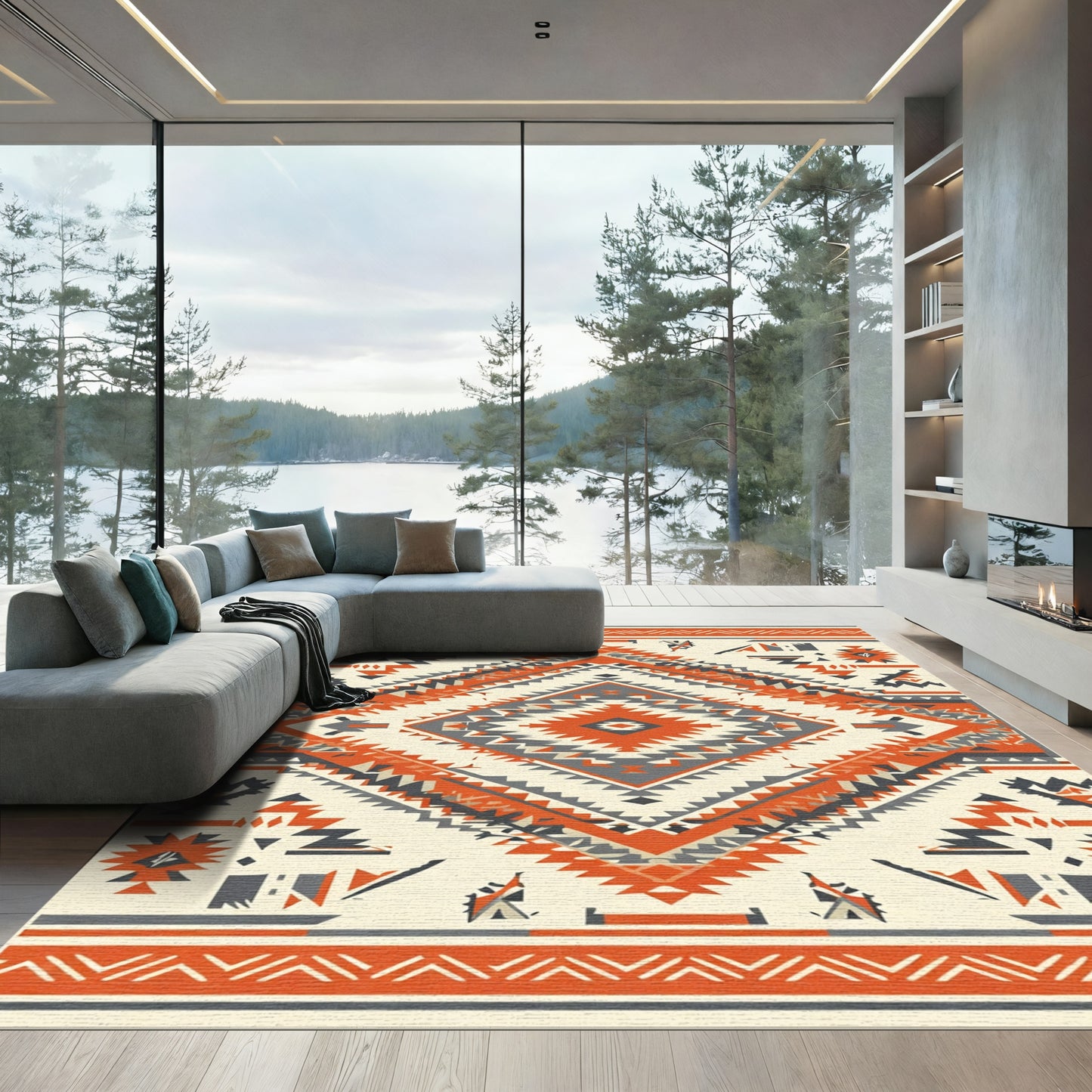 Terracotta Orange Gray Diamond Tribal Weave Rug