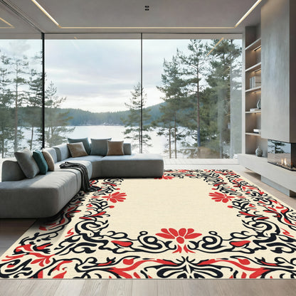 Crimson Black Floral Scroll Border Rug