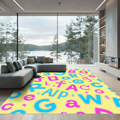 Playful Pink Blue Letters Yellow Background Rug